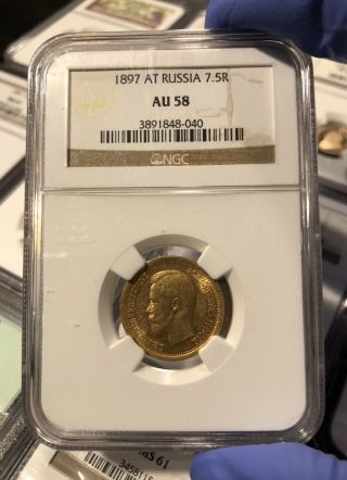 1897 At Russia 7.  5 Roubles Gold Coin Graded Ngc Au58