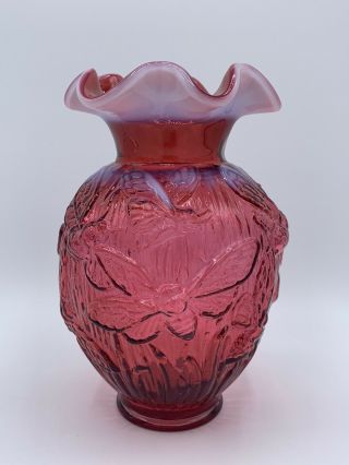 Vintage Fenton Cranberry Opalescent Glass Art Embossed Bee Design Glassware