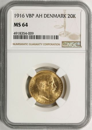 1916 Vbp Ah Denmark Gold 20 Kroner Ngc Ms64