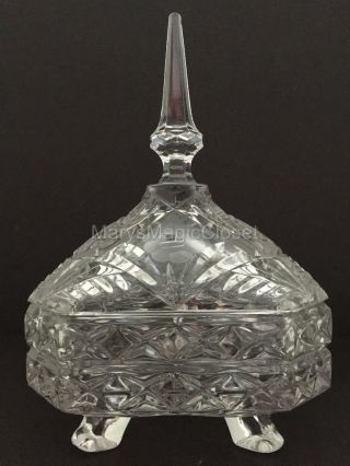 Vintage Hand Cut Clear Lead Crystal Footed Covered Candy Dish - German