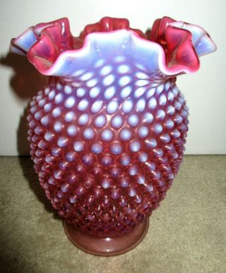 Vintage 1940s Fenton Hobnail Cranberry Opalescent 7 1/2 " Ruffle Edge Vase