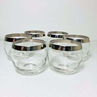6 Vintage Silver Band & Clear Roly Poly Glasses Dorothy Thorpe Punch Cocktail