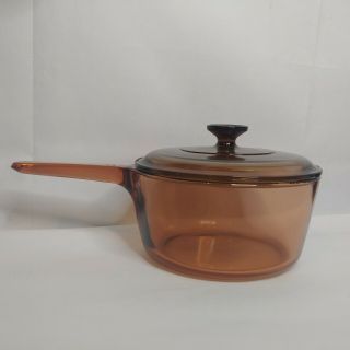 Vintage Visions Corning Pyrex Amber Glass 2.  5 Quart Sauce Pan Pot Lid France