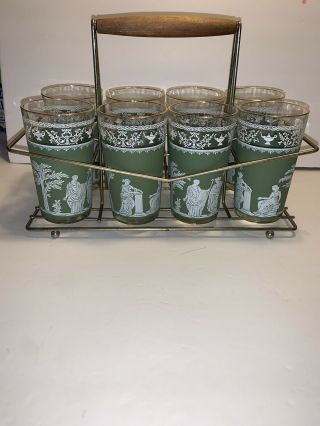 Vintage Jeannette Green Greek Wedgewood Glasses With Caddy Gold Rim Set Of 8
