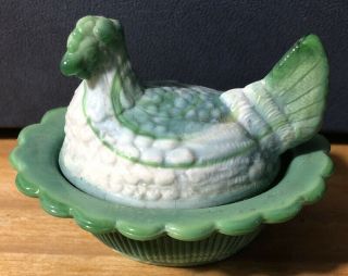 Vintage Mosser Glass Green Slag Hen On Nest 3” Candy Dish