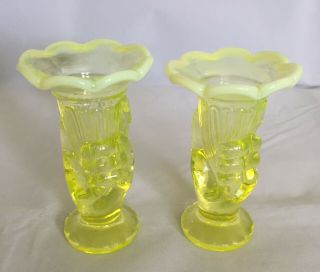 Lovely Pair Vintage Fenton Vaseline Topaz Opalescent Hand Vases 3 1/2 "