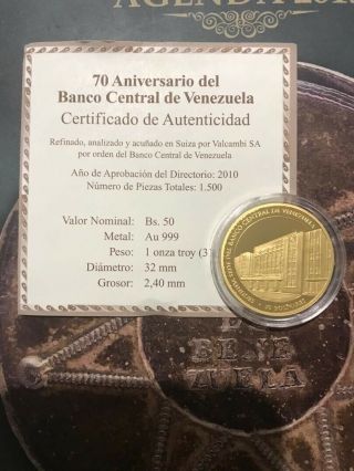 Venezuela Gold Coin 70th Years Central Bank 2010 1 Oz 31 Gr