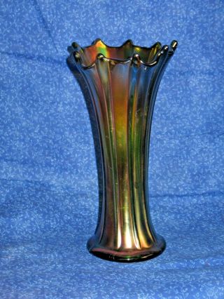 Vintage Northwood Carnival Glass Green Iridescent Flower Vase 8 3/4 Flutted Top
