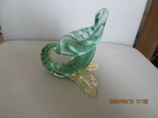Vintage Murano Glass Footed Cornucopia Vase Green With Aventurine Inclusions