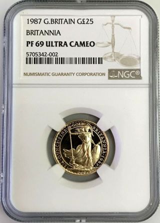 1987 Gold Great Britain 25 Pounds Proof Britannia 1/4 Oz Coin Ngc Pf 69 Uc