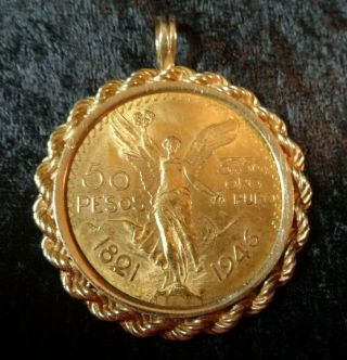 1946 Mexico 50 Peso 1.  2oz Pure Gold Coin In Gold Pendant