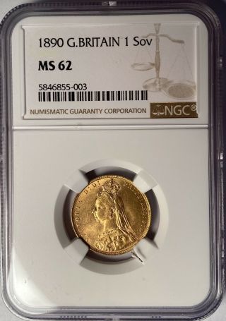 Great Britain 1890 Gold Sovereign; Queen Victoria; 2nd Obverse S - 3866b Ngc Ms62