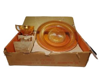 Vintage Jeannette Glass Anniversary Diamond Cut Marigold Carnival Snack Set 8pc