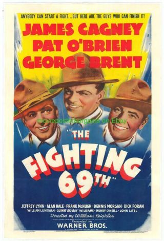 The Fighting 69th Movie Poster James Cagney Linenbacked V.  F.  1940 One Sheet