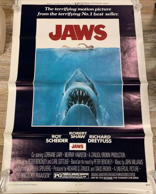 Jaws (1975) Vintage Unrestored Folded One - Sheet Poster.