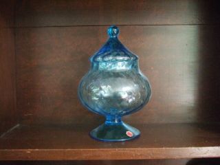 Vtg Blue Glass Footed Pedestal Compote Apothecary Jar,  Lid Made In Italy Colony