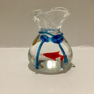 Formia Vetri Di Murano Glass Goldfish Bag W/ Blue Ribbon Clear W/ Sticker