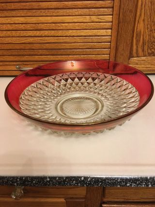 Vintage Cranberry Clear Art Glass Basket Bowl Fruit Salad Centerpiece