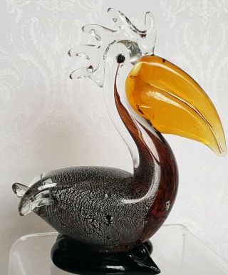 Vintage Murano Pelican Bird Silver Fleck,  Amber&brown Mcm Art Glass Italy