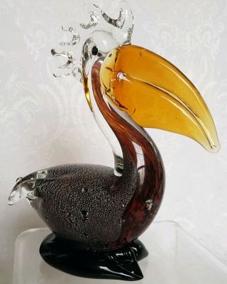 Vintage Murano Pelican Bird Silver FLECK,  Amber&Brown MCM Art Glass Italy 2