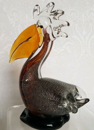 Vintage Murano Pelican Bird Silver FLECK,  Amber&Brown MCM Art Glass Italy 3