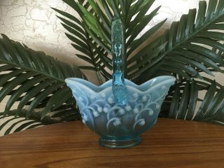 Vintage Fenton Blue Opalescent Art Glass " Lily Of The Valley " Basket Vase
