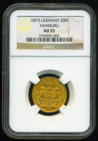 Germany Hamburg 1897 J Gold Coin 20 Mark Ngc Certified Au 55