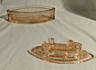Vintage Remember The Maine Pink Depression Glass Lidded Candy Dish