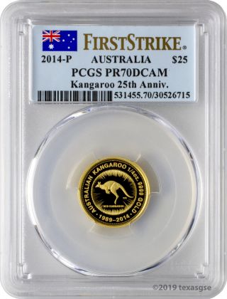 2014 - P $25 Kangaroo 25th Ann.  9999 Gold Proof Coin Pcgs Pr70dcam First Strike