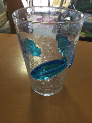 Vintage Blenko Hand Blown Crackle Glass Tumbler Vase W/ Applied Blue Leaves