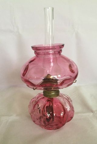 Lovely Vintage Fenton Cranberry Diamond Optic Oil Lamp W/ Dot Optic Shade 9 1/2 "