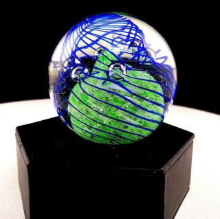 Murano Italy Art Glass Controlled Bubble Blue Spiral 2 3/8 " Paperweight