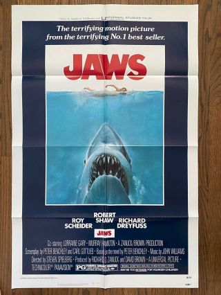 Jaws (1975) Vintage Unrestored Folded One - Sheet Poster Vf,