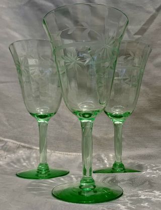 Set Of 3 Green Depression Uranium Glass Floral Etched Water/wine Goblets 6.  5”