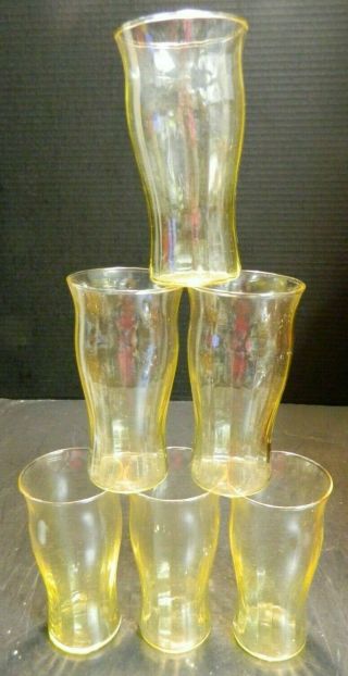Vintage Set Of (6) Ribbed Tapered Yellow Glass Tumblers 5.  13 " X 2.  75 "