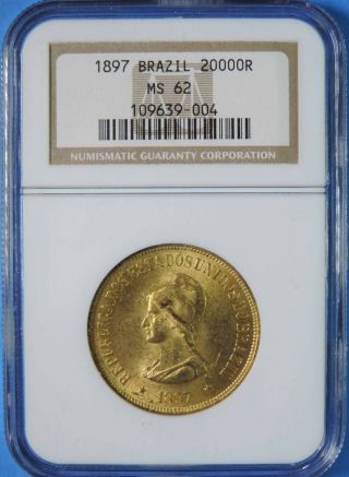 1897 Brazil 20000 Reis Gold Coin Ngc Graded Ms62 Km 497 Low Mintage