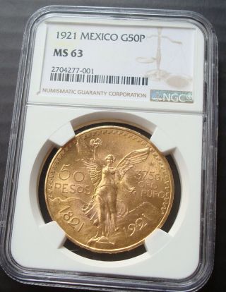 1921 Mexico $50 Pesos Gold 37.  5 Pure Gold Ngc Ms63