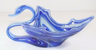Vintage Blown Art Glass Swan Bowl Blue White Swirl Large 12 X 15