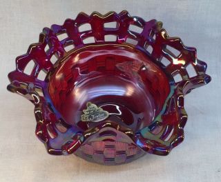 Fenton Art Glass Ruby Red Carnival Basket Weave Rose Bowl With Open Weave Top