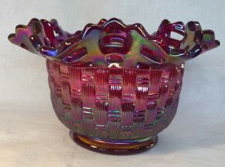 Fenton Art Glass Ruby Red Carnival Basket Weave Rose Bowl With Open Weave Top 2