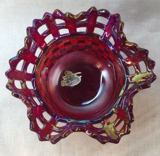 Fenton Art Glass Ruby Red Carnival Basket Weave Rose Bowl With Open Weave Top 3
