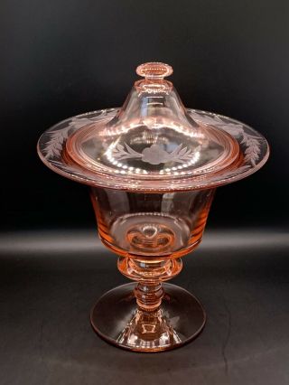 Vintage “fairfax” (?) Pink Fostoria Glass Footed Covered Candy Jar Or Urn Floral