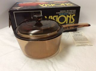 Open Box Corning Ware Pyrex Amber Visions 1.  5 Liter Sauce Pan With Lid