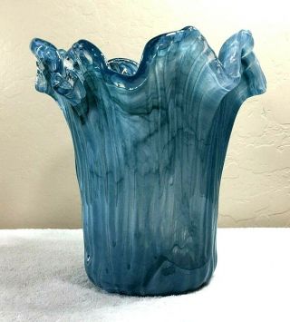 Large Vintage Blue And White Handmade Vase Handkerchief Style