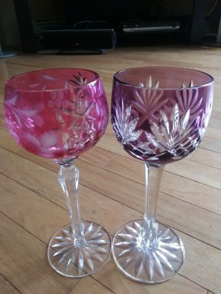 Bohemia Cut To Clear Czech Crystal Wine Glasses Goblet Pink Purple