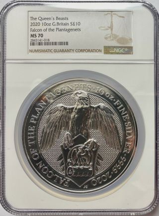 2020 Great Britain 10 Oz Silver Queens Beasts Falcon Ngc Ms70