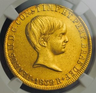 1832,  Brazil (empire),  Pedro Ii.  Scarce Gold 6400 Reis (peca) Coin.  Ngc Au - 53