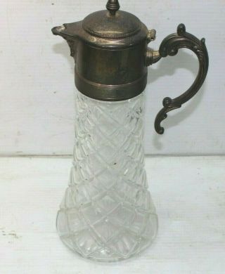 Vintage Diamond Glass Crystal Silver Plate Wine Sangria Pitcher Jug Water Carafe