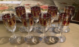 8 Vintage Culver 22kt Gold Cranberry Red Wine Glasses Mid Century Modern Mcm