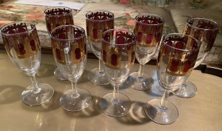 8 VINTAGE CULVER 22kt GOLD CRANBERRY RED WINE GLASSES MID CENTURY MODERN MCM 2